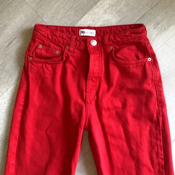 Zara The 90's Full Length Jeans Red Size 4 buttons fly raw ham - Picture 15 of 16